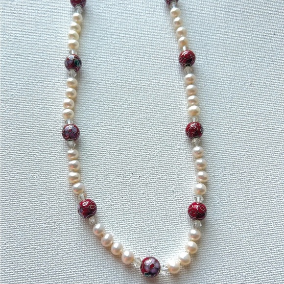 Vintage Pearl & Red Cloisonné Bead Necklace - Picture 4 of 6